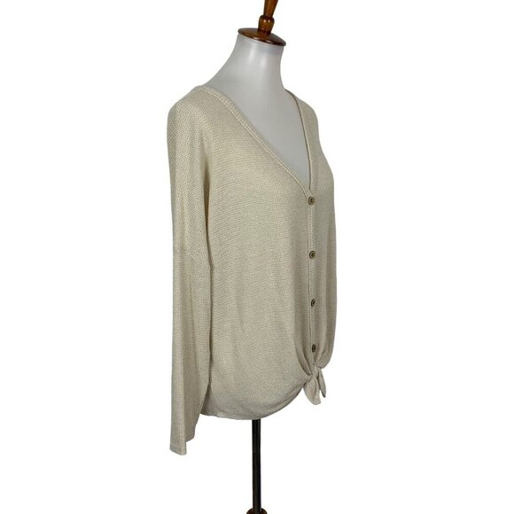 Fantastic Fawn Small Waffle Knit Button Front Tie Top Hem Lightweight - Picture 2 of 5